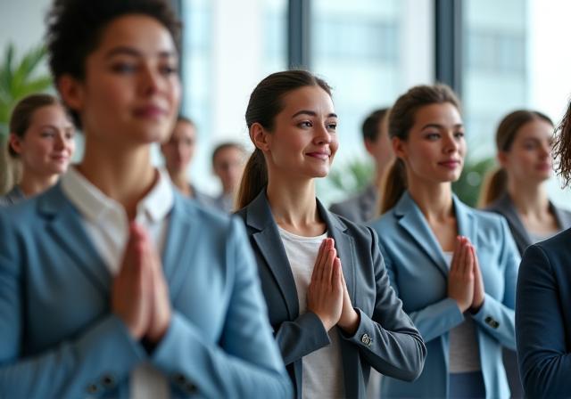 Groupe de collègues pratiquant le yoga en entreprise