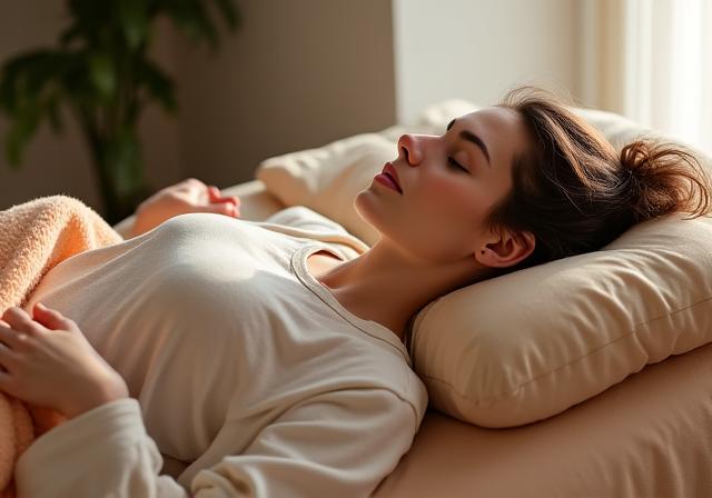 Personne recouverte d'une couverture en posture de repos avec des accessoires de yoga