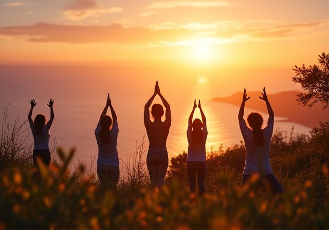 Groupe de personnes pratiquant le yoga au lever du soleil lors d'une retraite
