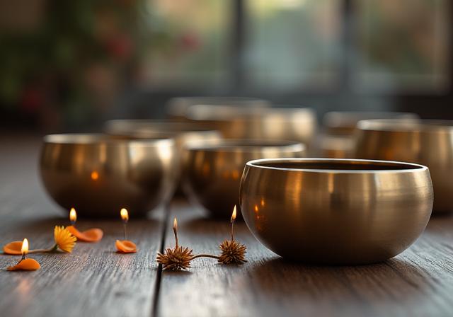 Bols tibétains disposés pour une séance de sound healing