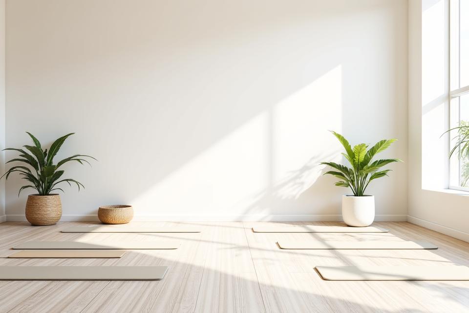 Intérieur d'un studio de yoga moderne et épuré avec tapis de yoga organisés et lumière naturelle.